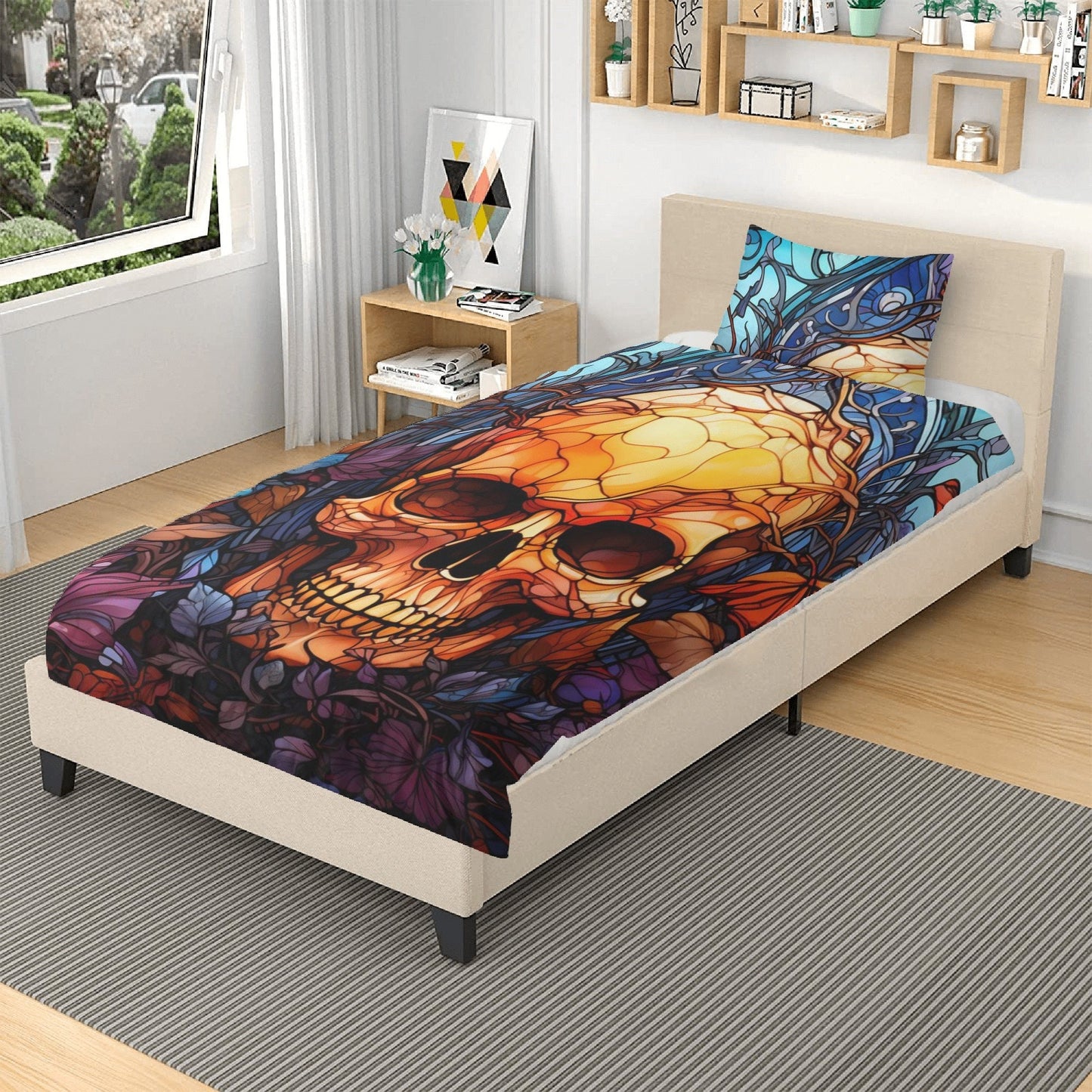 Gothic skull bed cover, hooded skull pillow cover, dark horror duvet cover, evil face bedding set, skull in fire comforter, floral skull com