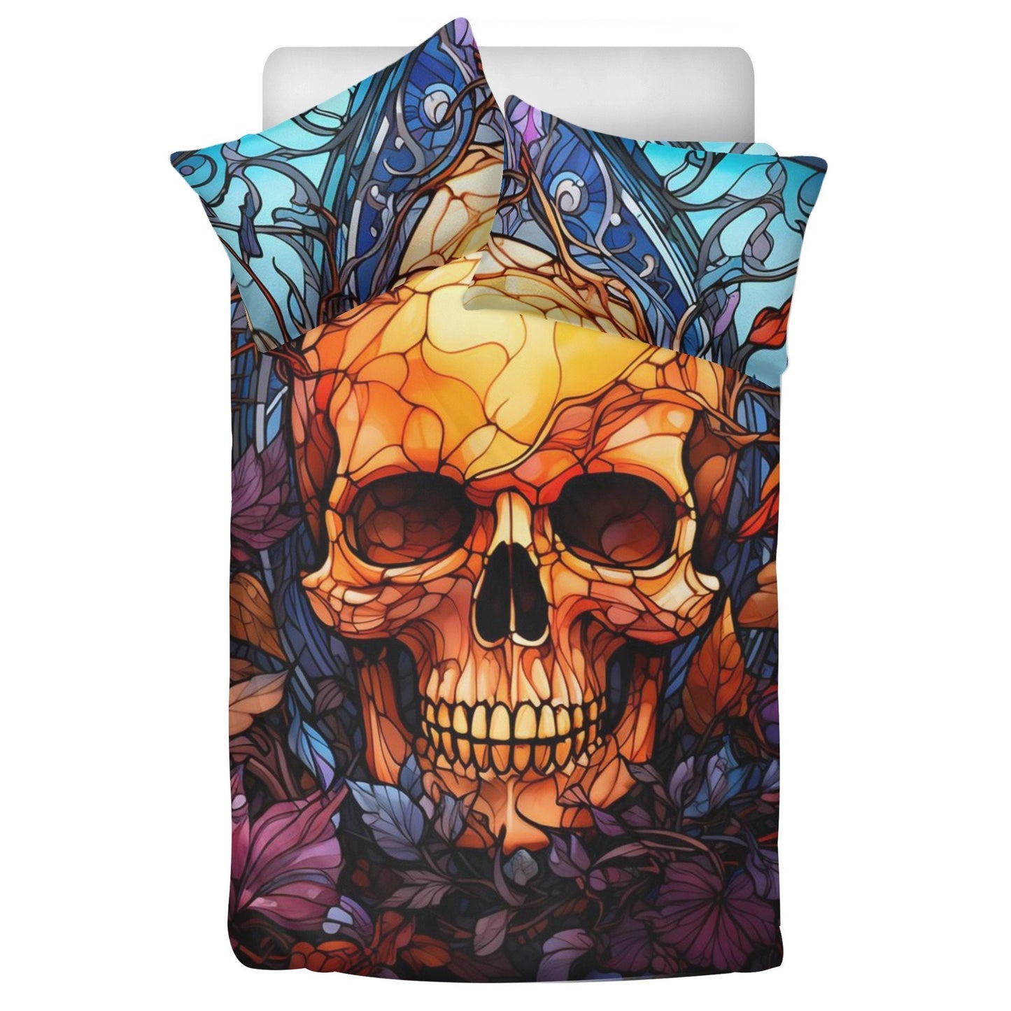 Gothic skull bed cover, hooded skull pillow cover, dark horror duvet cover, evil face bedding set, skull in fire comforter, floral skull com