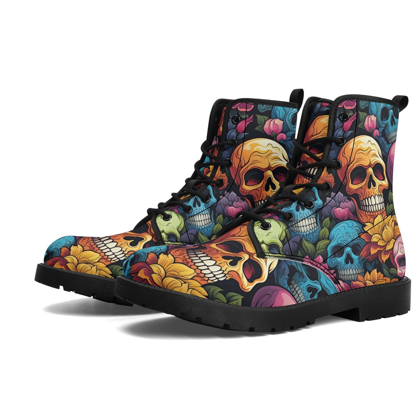 Flower skull waterproof boot, skull in fire waterproof shoes, spooky death combat boots, floral skull fashion leather boots, devil ghost com