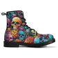 Flower skull waterproof boot, skull in fire waterproof shoes, spooky death combat boots, floral skull fashion leather boots, devil ghost com