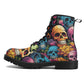 Flower skull waterproof boot, skull in fire waterproof shoes, spooky death combat boots, floral skull fashion leather boots, devil ghost com