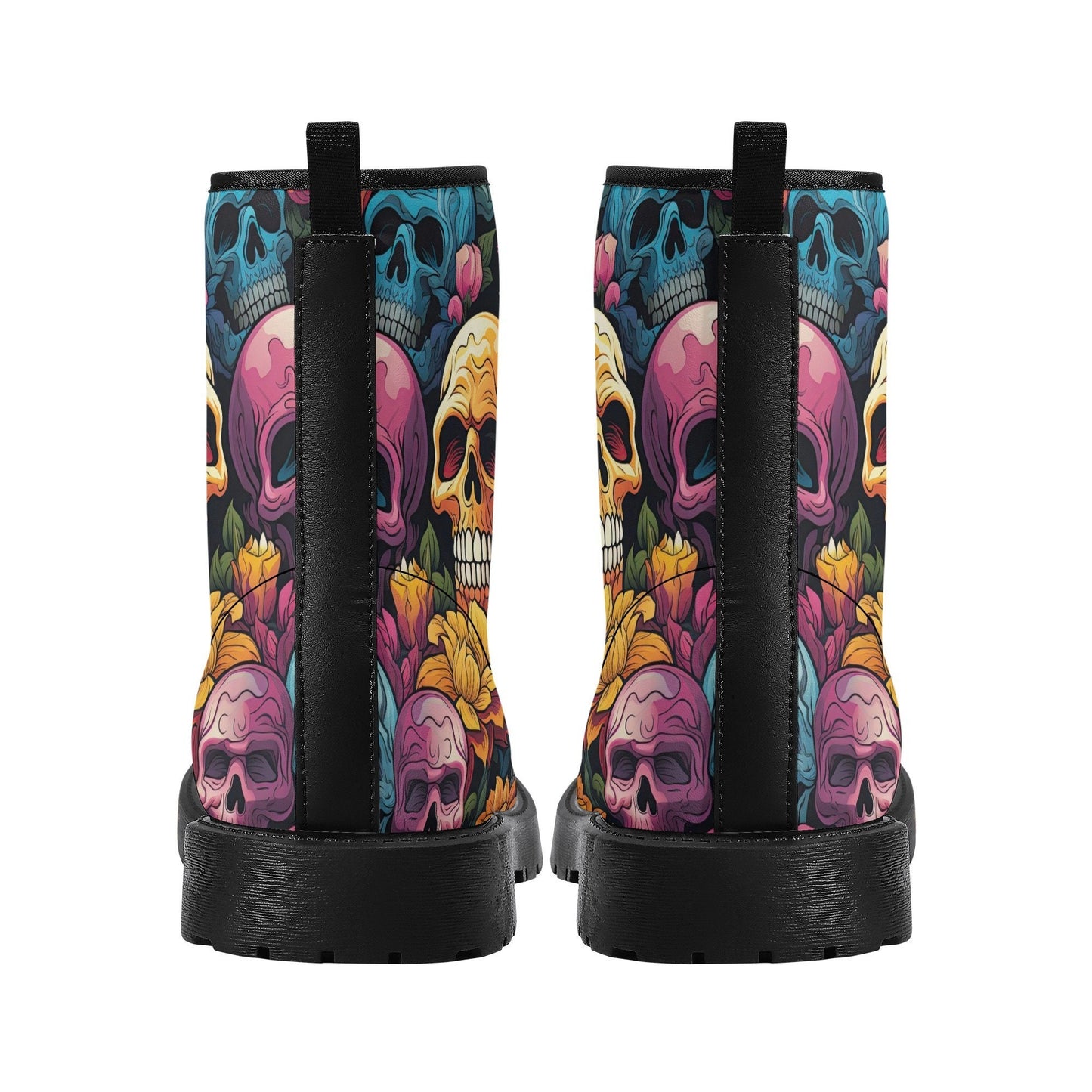 Flower skull waterproof boot, skull in fire waterproof shoes, spooky death combat boots, floral skull fashion leather boots, devil ghost com