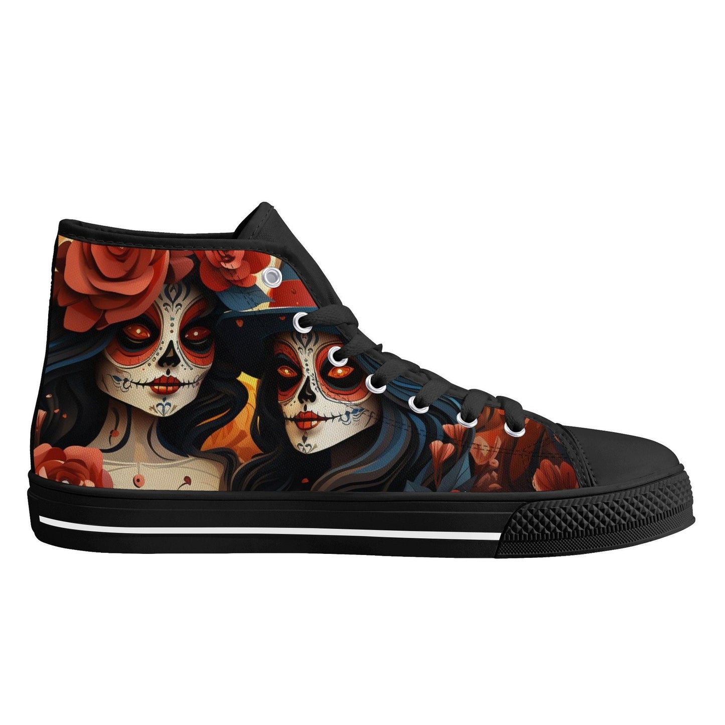 Mexican skull causual sneakers, dia de los muertos skull women shoes, sugar skull girl high top shoes, floral skull men shoes, dia de los mu