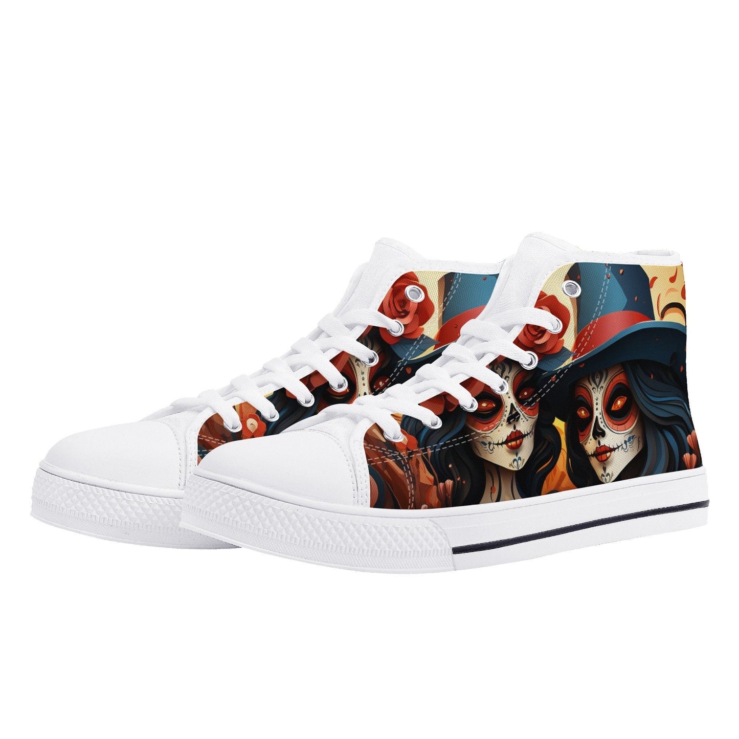 Mexican skull causual sneakers, dia de los muertos skull women shoes, sugar skull girl high top shoes, floral skull men shoes, dia de los mu