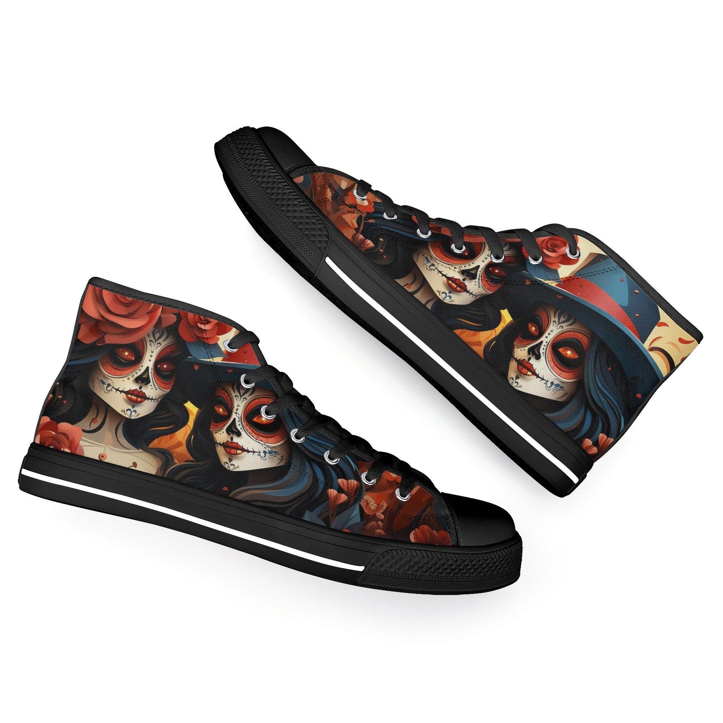 Mexican skull causual sneakers, dia de los muertos skull women shoes, sugar skull girl high top shoes, floral skull men shoes, dia de los mu