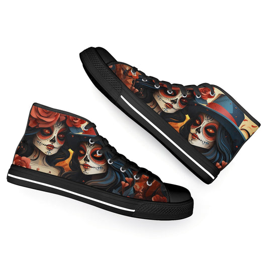 Mexican skull causual sneakers, dia de los muertos skull women shoes, sugar skull girl high top shoes, floral skull men shoes, dia de los mu