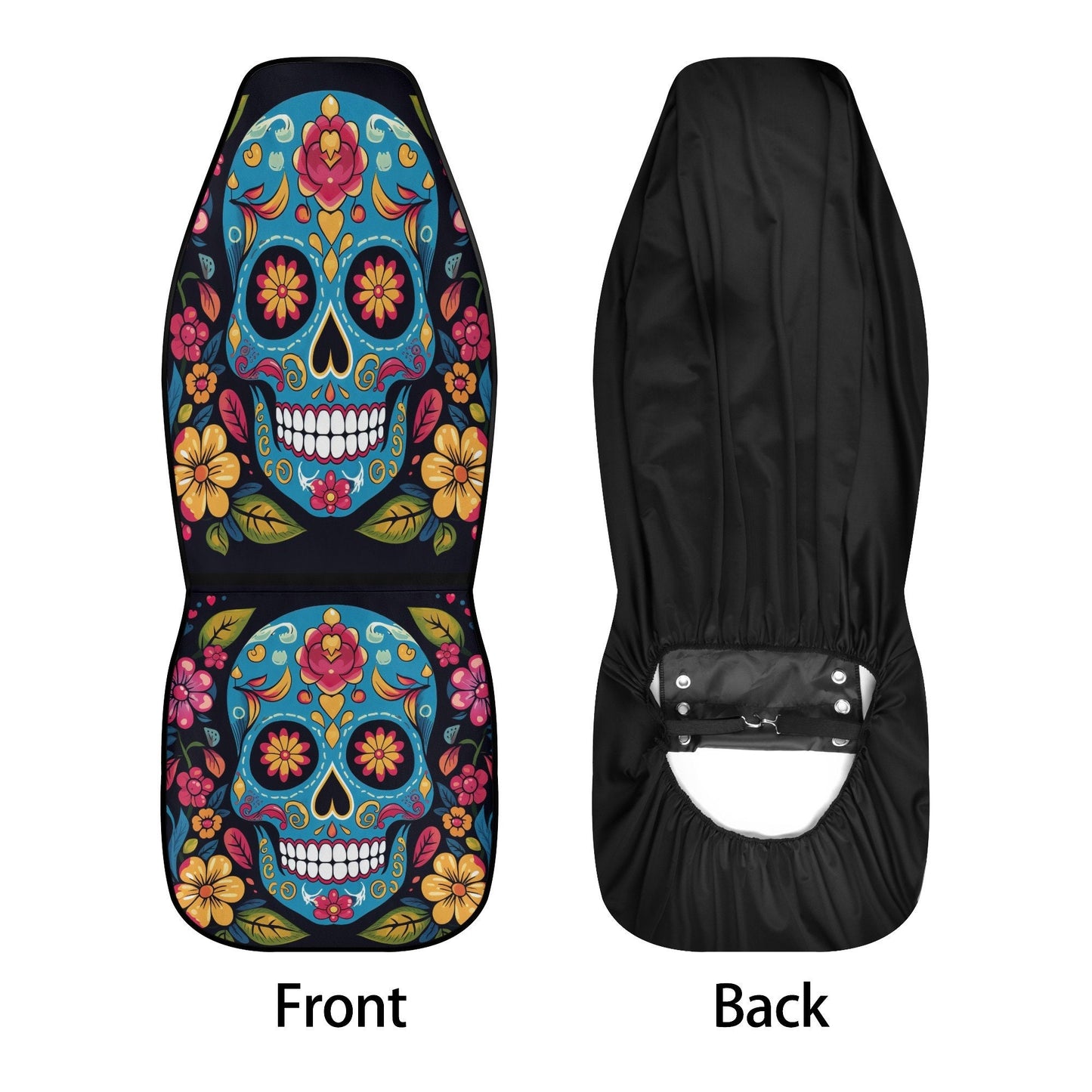 Day of the dead slip-on seat covers, day of the dead armrest covers, floral sugar skull front and back car seat covers, sugar skull car seat