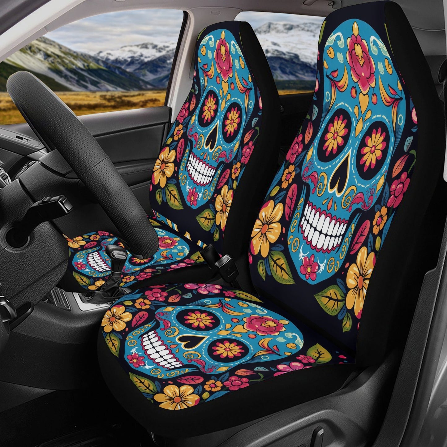 Day of the dead slip-on seat covers, day of the dead armrest covers, floral sugar skull front and back car seat covers, sugar skull car seat