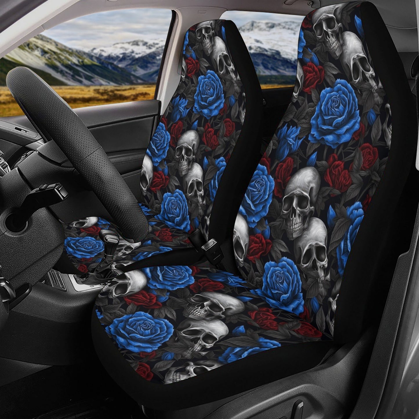 Spooky death car tool, floral skull cover cushion accessories for Cars, biker skull car headrest covers, motorcycle skull car shifter gear c
