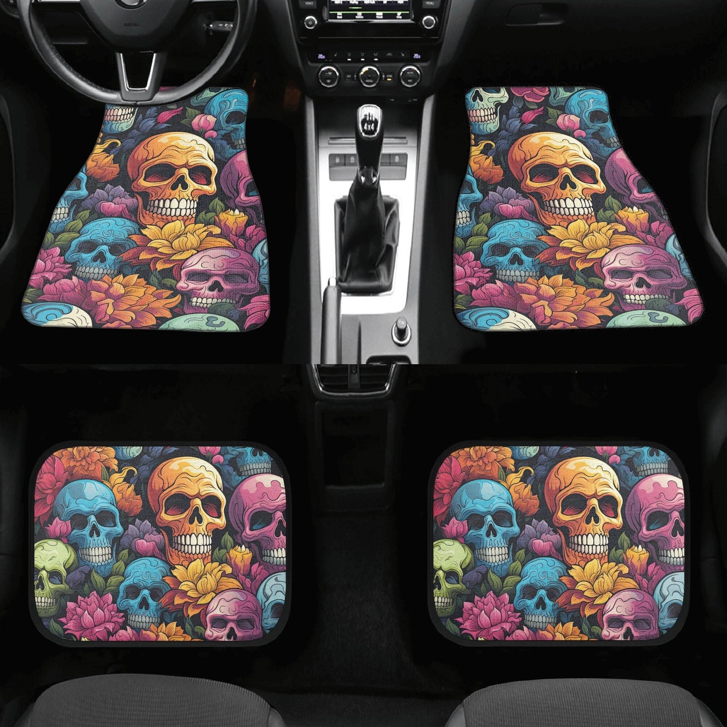 Evil face rug mat for car, floral skull slip-on seat covers, dark horror seat cushion, evil car accessories, flame skull car seat cover full