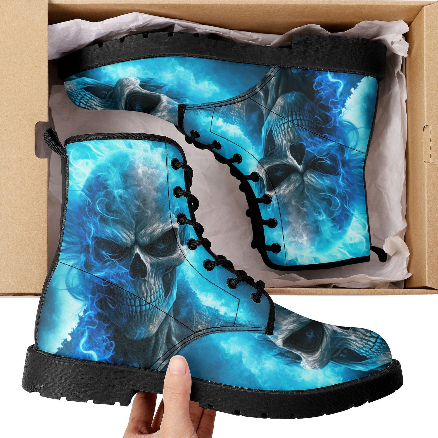 Evil face unisex shoes, dark horror combat boots, evil waterproof Lace Up Anti-Slip platform nooties, hooded skull ankle Boots, skull with s