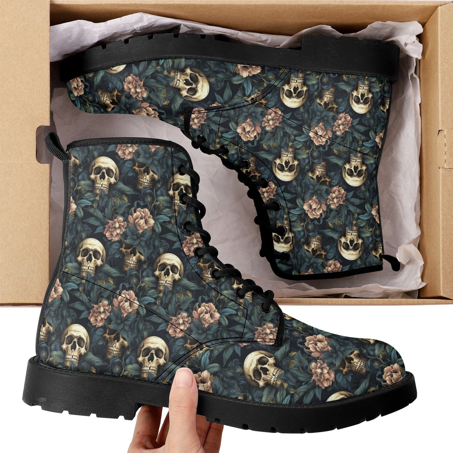 Floral skull leather boots, Halloween skull boots for men, Gothic skeleton skull boots for women, skull boots, Rose skulls men women boots
