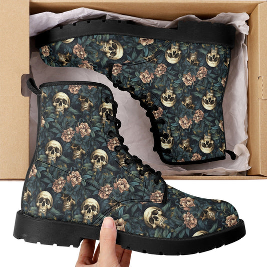 Floral skull leather boots, Halloween skull boots for men, Gothic skeleton skull boots for women, skull boots, Rose skulls men women boots