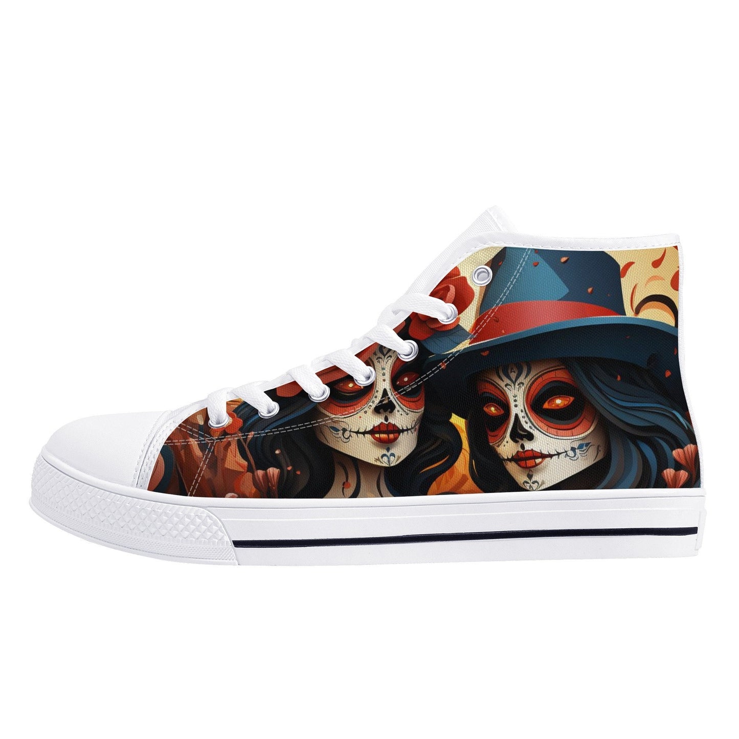 Mexican skull causual sneakers, dia de los muertos skull women shoes, sugar skull girl high top shoes, floral skull men shoes, dia de los mu