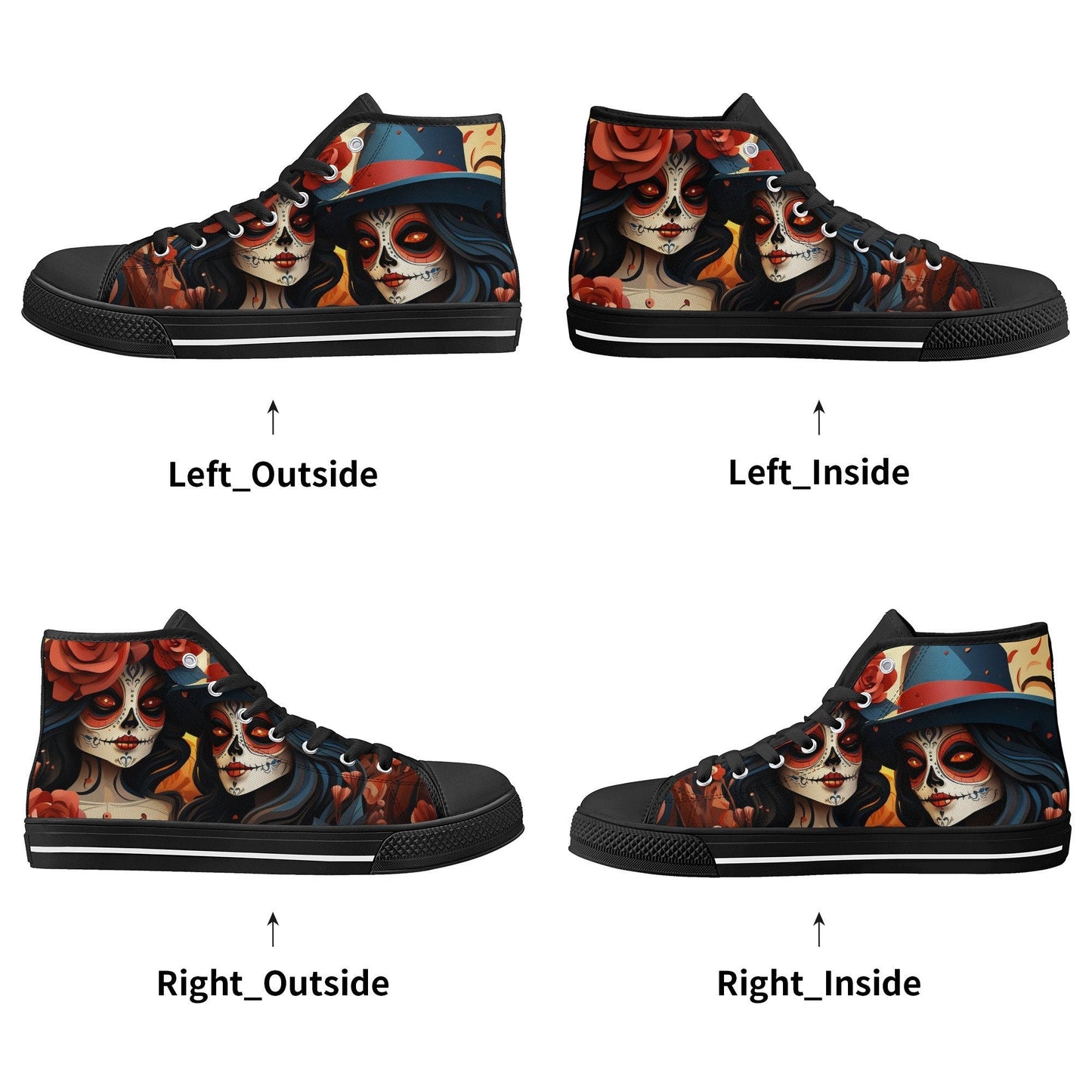 Mexican skull causual sneakers, dia de los muertos skull women shoes, sugar skull girl high top shoes, floral skull men shoes, dia de los mu