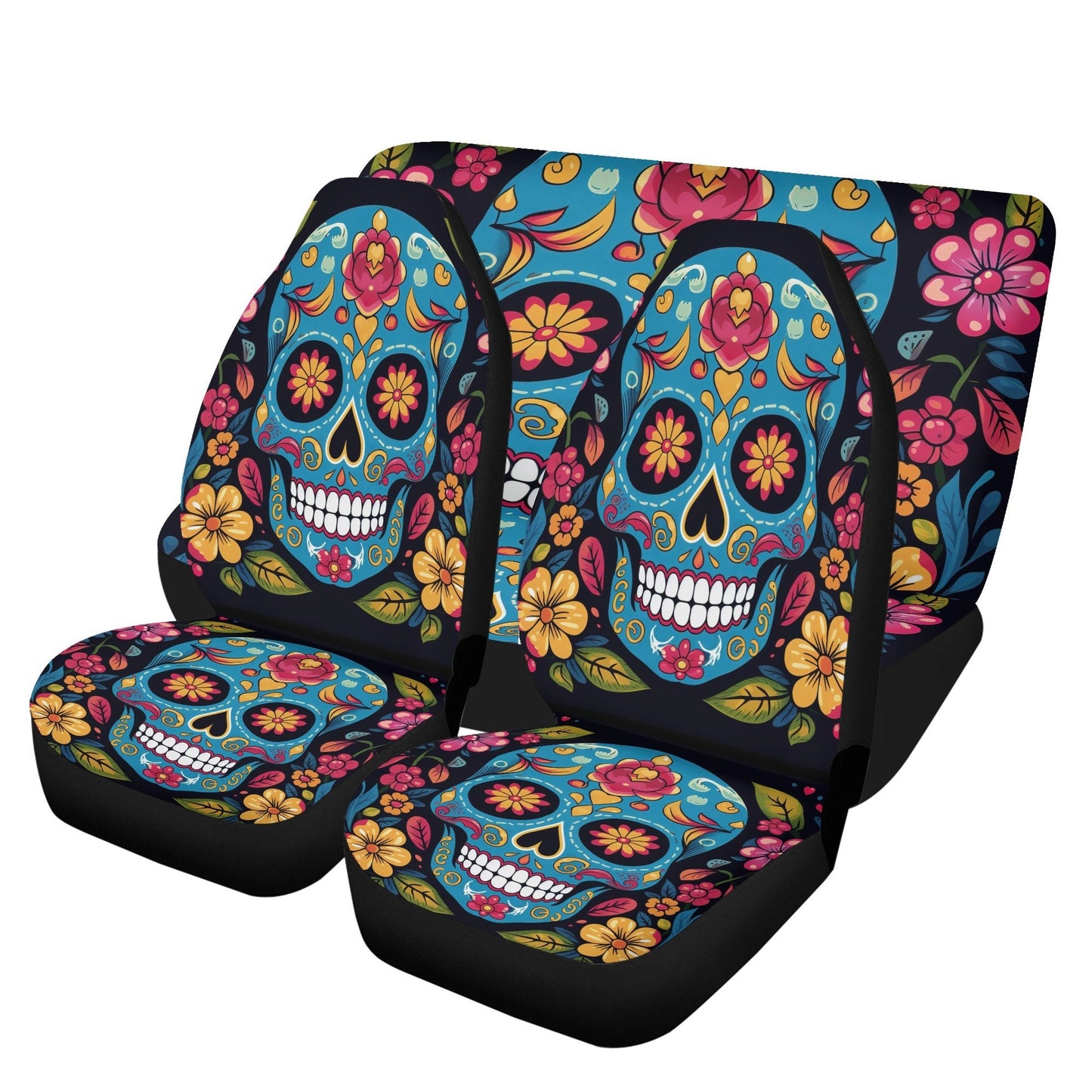Day of the dead slip-on seat covers, day of the dead armrest covers, floral sugar skull front and back car seat covers, sugar skull car seat