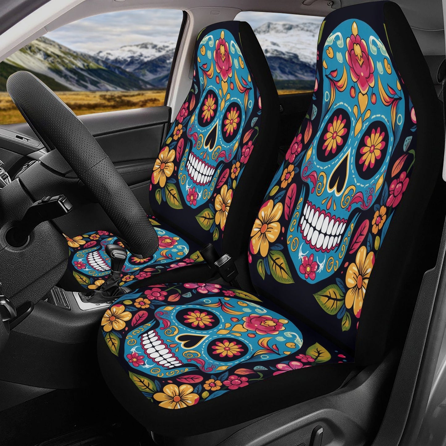 Day of the dead slip-on seat covers, day of the dead armrest covers, floral sugar skull front and back car seat covers, sugar skull car seat