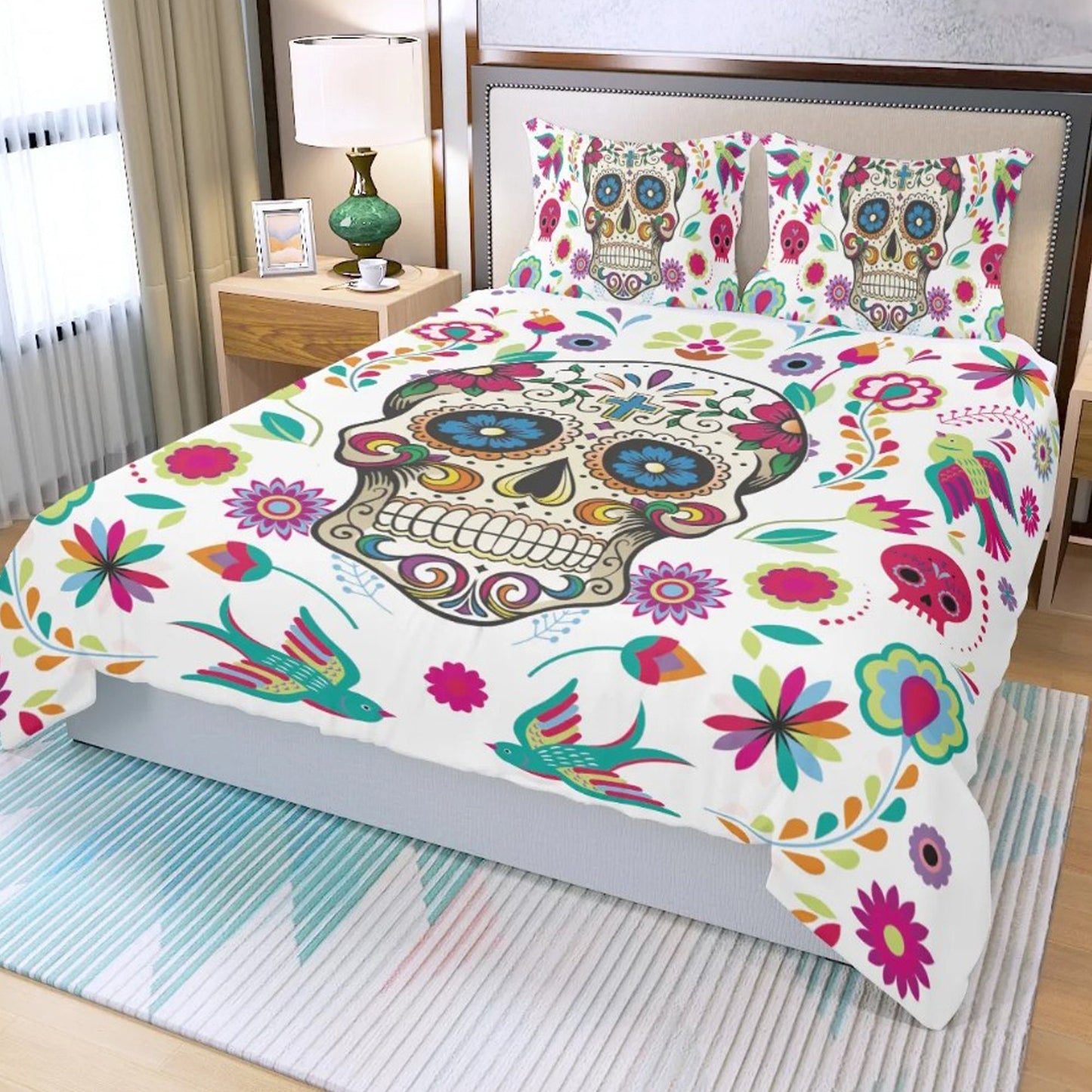 4pcs candy skull bedding duvet cover set, dia de los muertos skull bedding set, Mexican calaveras floral skull duvet cover pillow covers