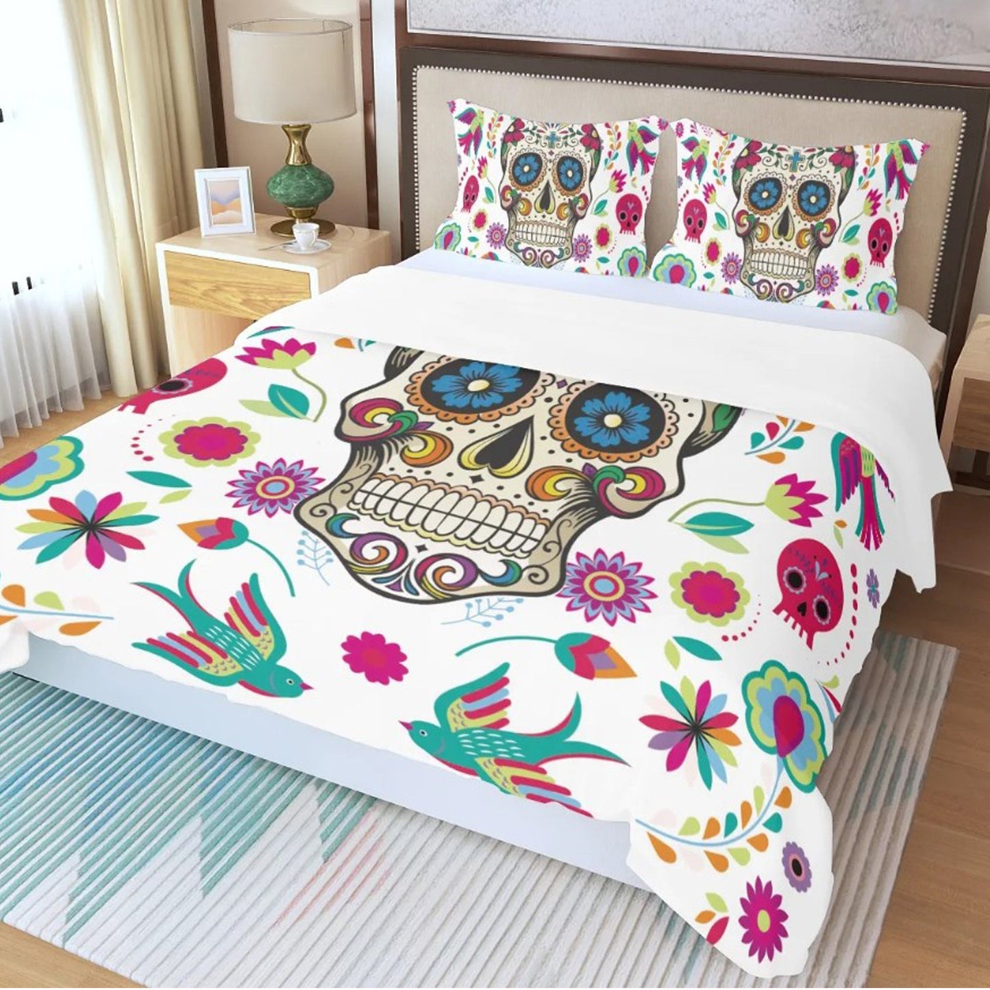 4pcs candy skull bedding duvet cover set, dia de los muertos skull bedding set, Mexican calaveras floral skull duvet cover pillow covers