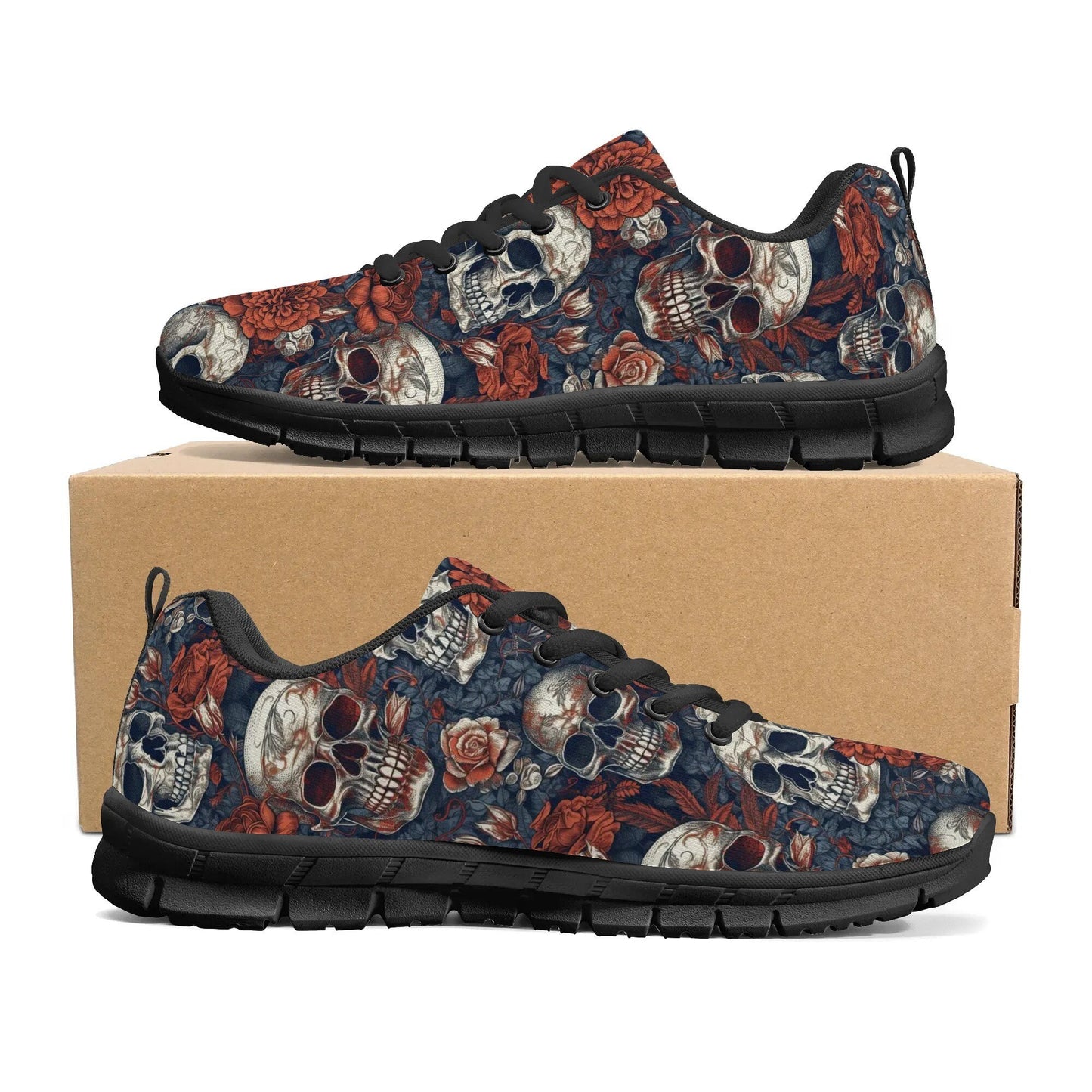 Death skull canvas sneakers, Spooky Halloween personalized sneaker shoes, halloween chunky sneakers, reaper skull jogging shoes flower skull