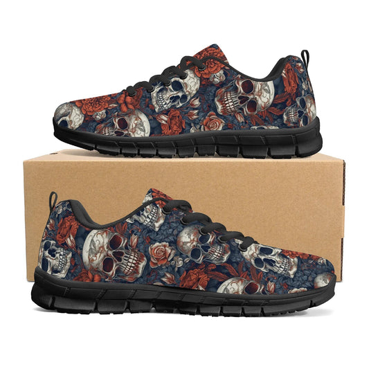 Death skull canvas sneakers, Spooky Halloween personalized sneaker shoes, halloween chunky sneakers, reaper skull jogging shoes flower skull