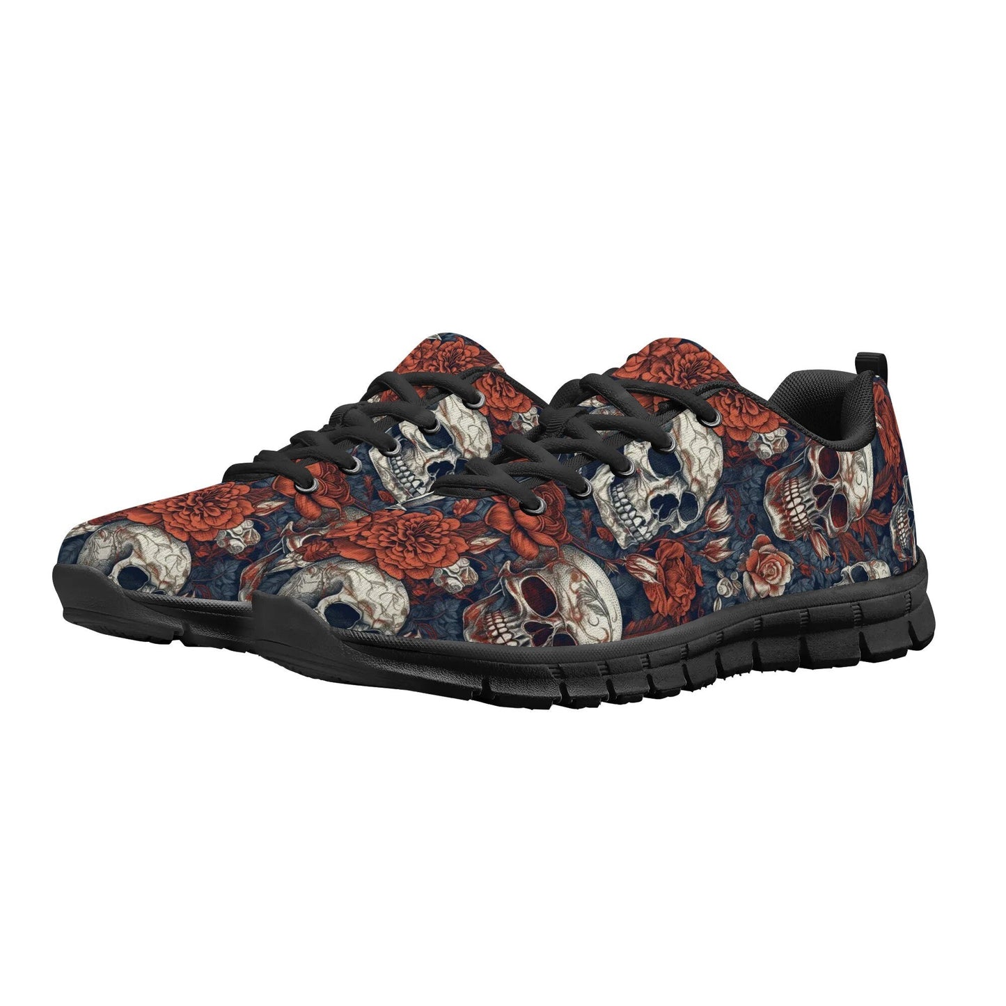 Death skull canvas sneakers, Spooky Halloween personalized sneaker shoes, halloween chunky sneakers, reaper skull jogging shoes flower skull