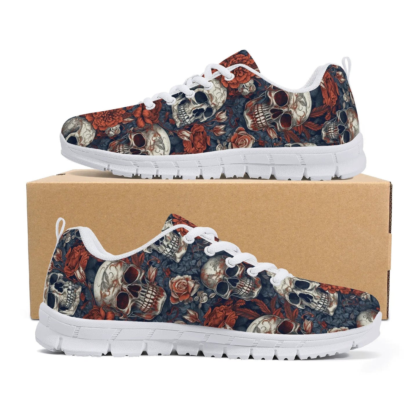 Death skull canvas sneakers, Spooky Halloween personalized sneaker shoes, halloween chunky sneakers, reaper skull jogging shoes flower skull