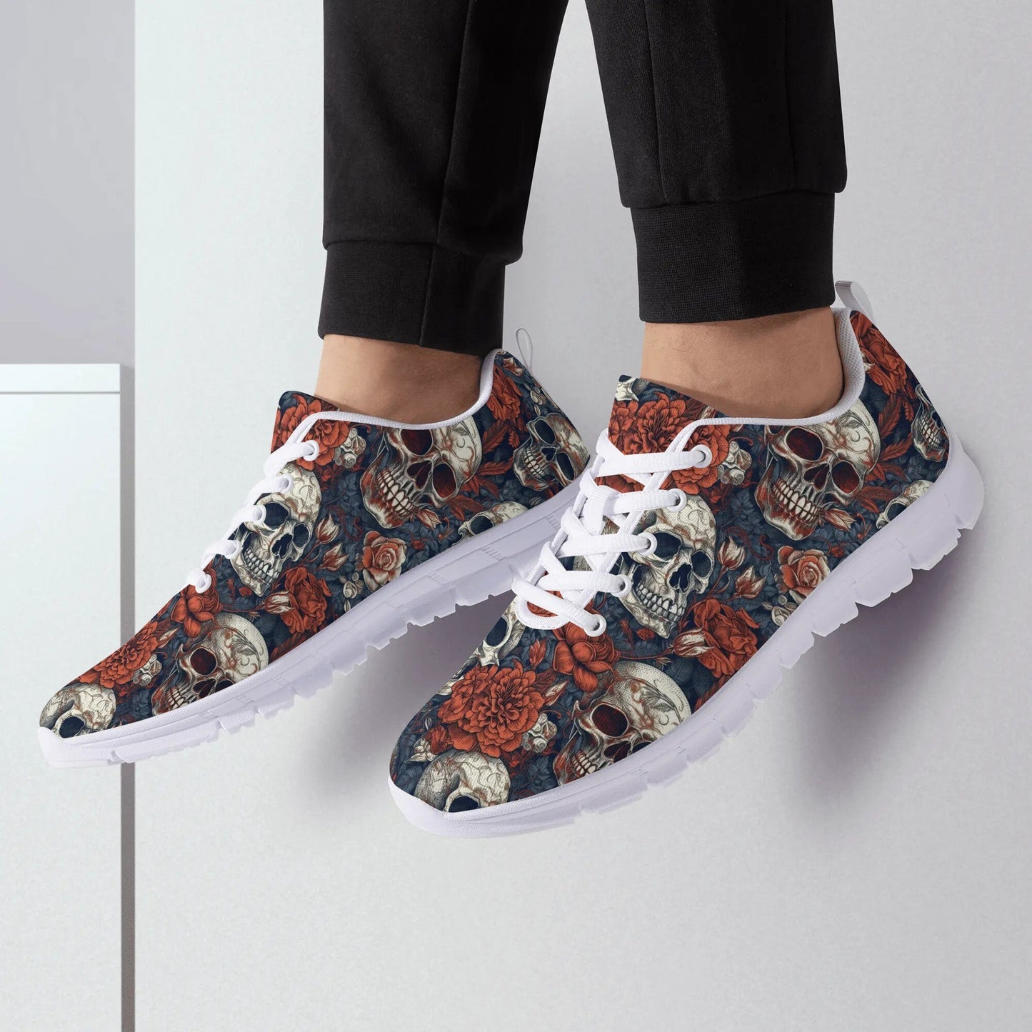 Death skull canvas sneakers, Spooky Halloween personalized sneaker shoes, halloween chunky sneakers, reaper skull jogging shoes flower skull
