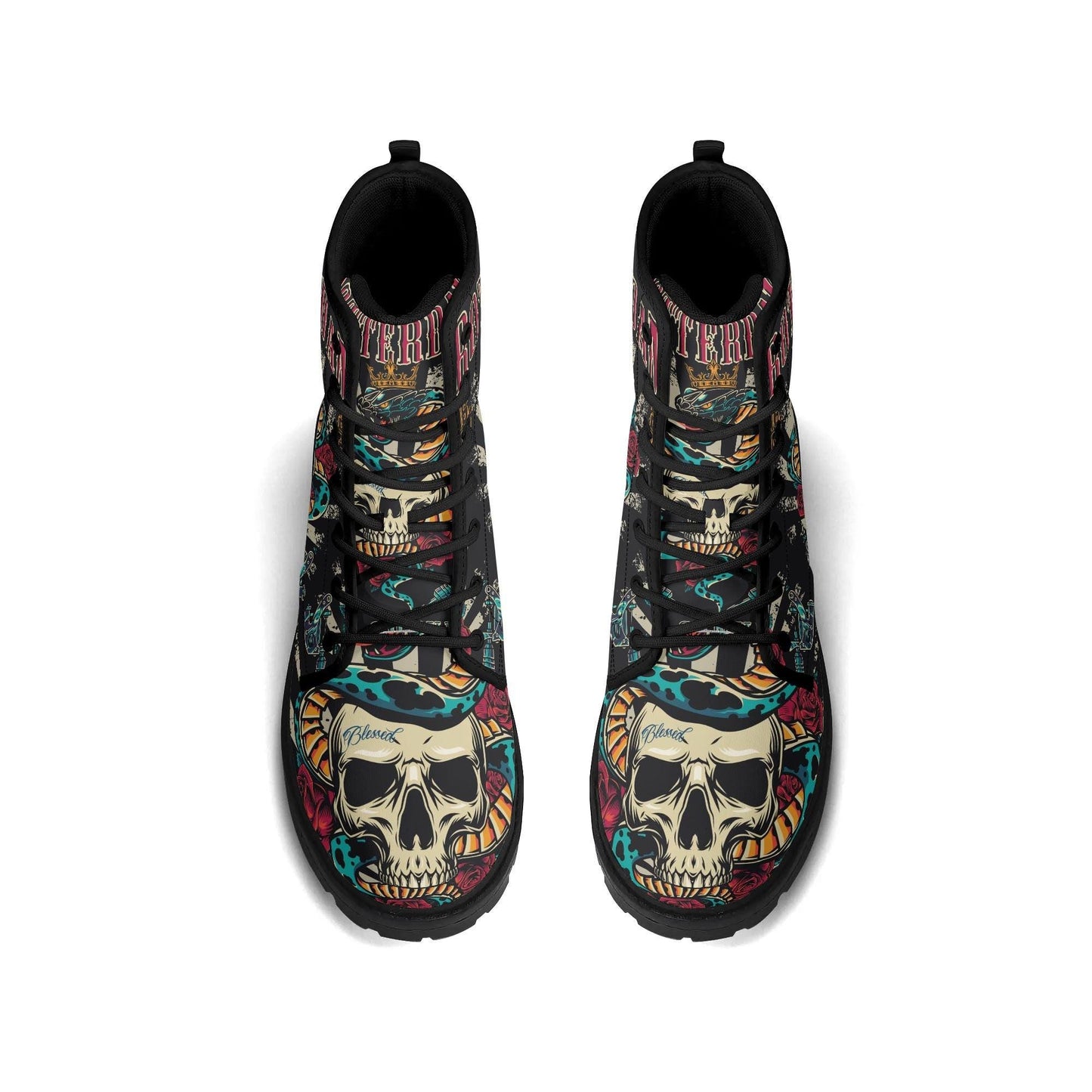 Halloween tattoo skull boots, death with scythes unisex boots, creepy Ankle boots, reaper skull Combat boots, punisher skull Rain boots