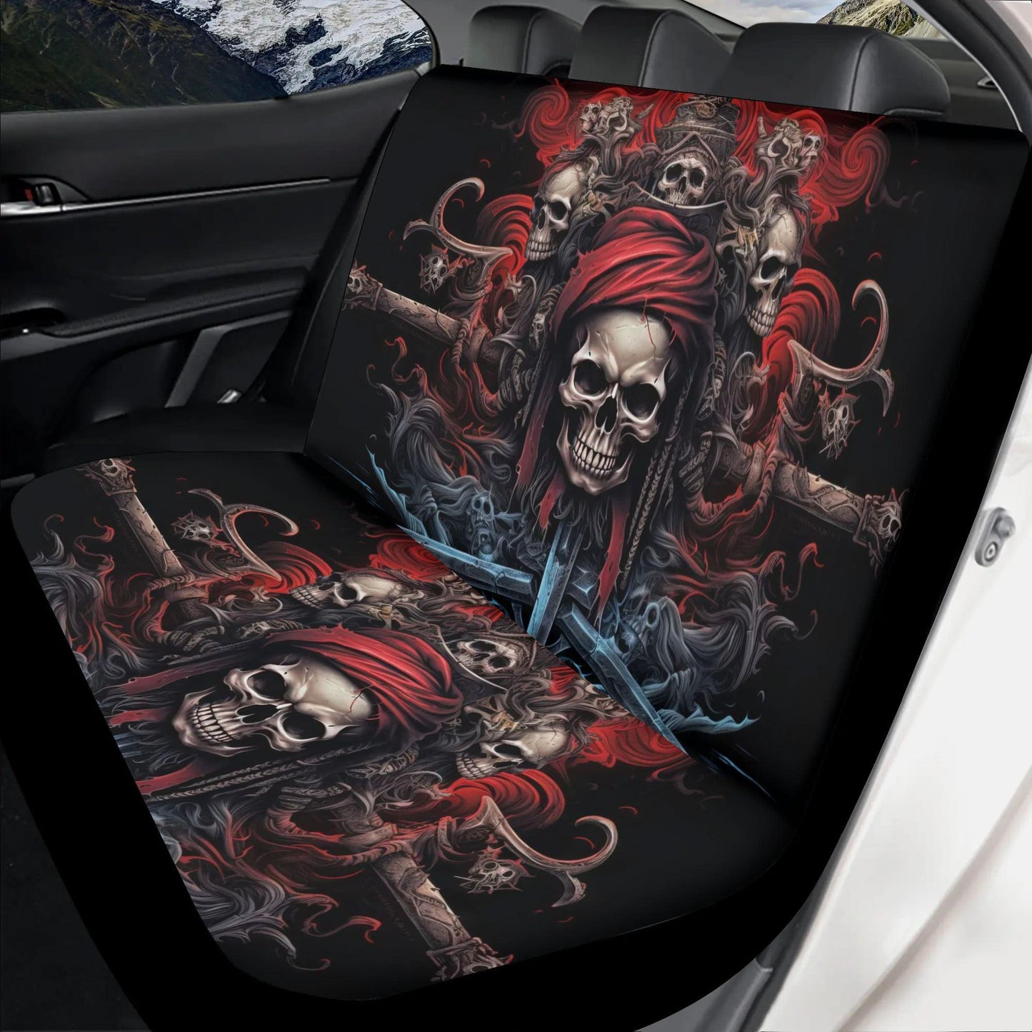 Spooky Halloween car cushion covers, flower skull car headrest covers, biker skull seat cover for vehicles, devil ghost truck seat covers