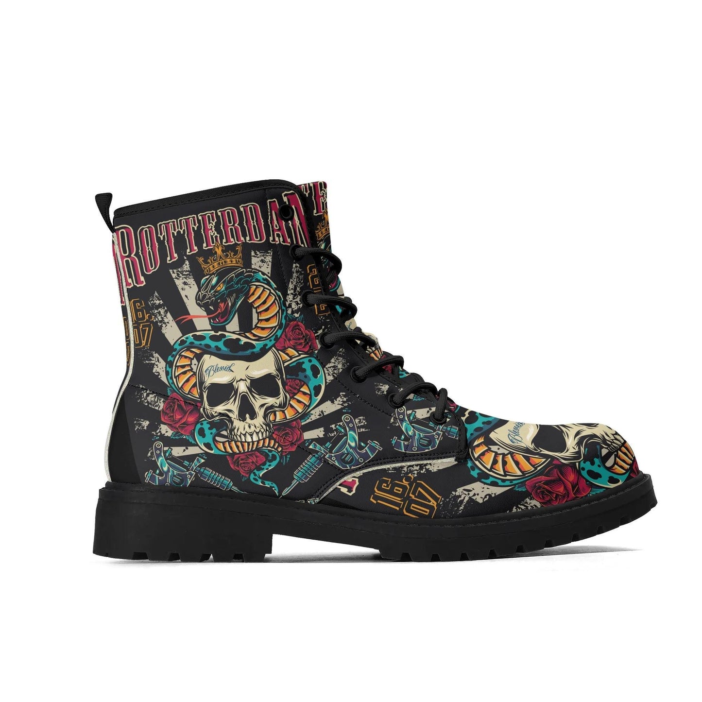 Halloween tattoo skull boots, death with scythes unisex boots, creepy Ankle boots, reaper skull Combat boots, punisher skull Rain boots