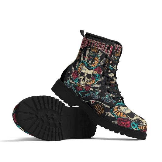 Halloween tattoo skull boots, death with scythes unisex boots, creepy Ankle boots, reaper skull Combat boots, punisher skull Rain boots