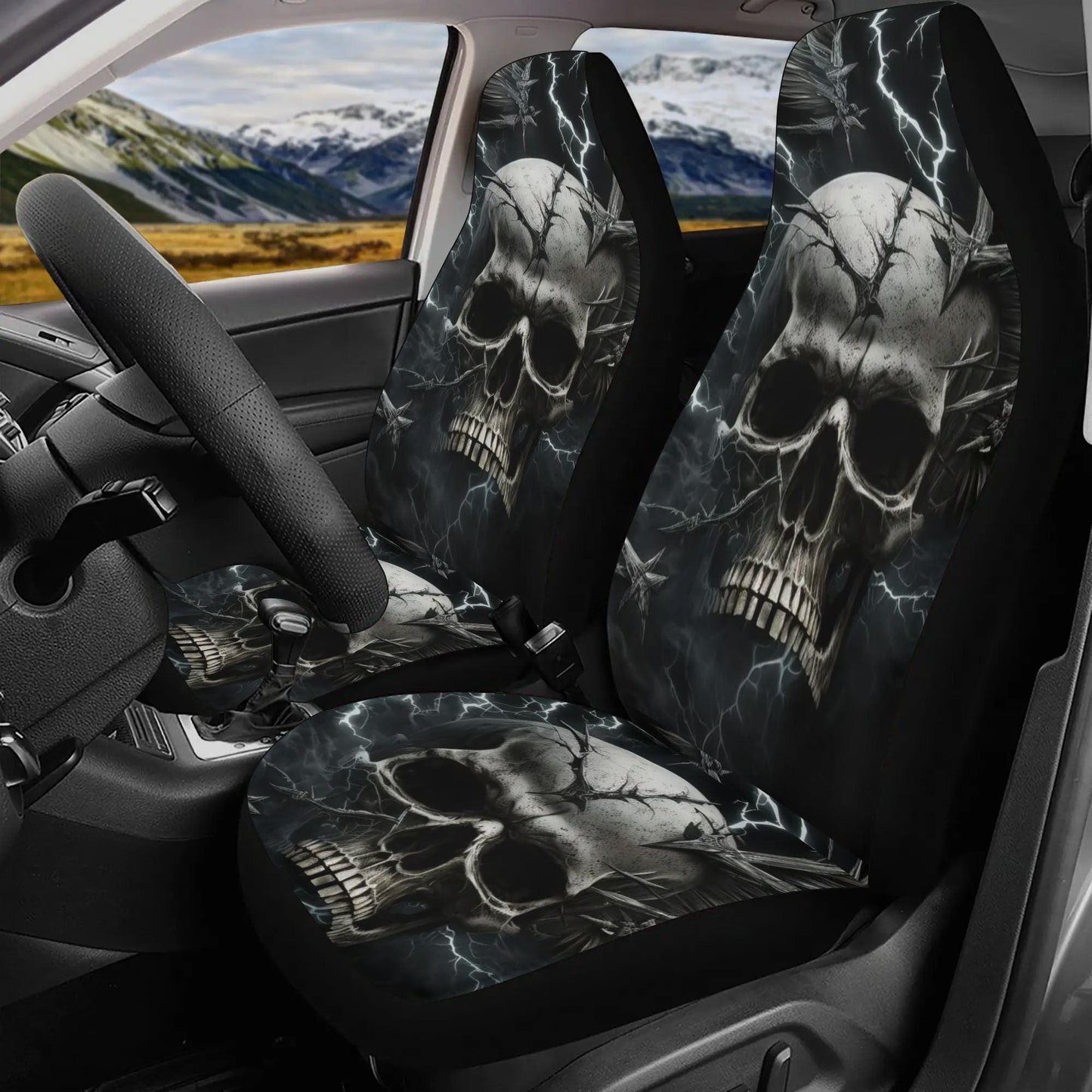 Floral skull seat cover for truck, spooky death front back seat covers flower skull car seat accessory, motorcycle skull car seat accessory
