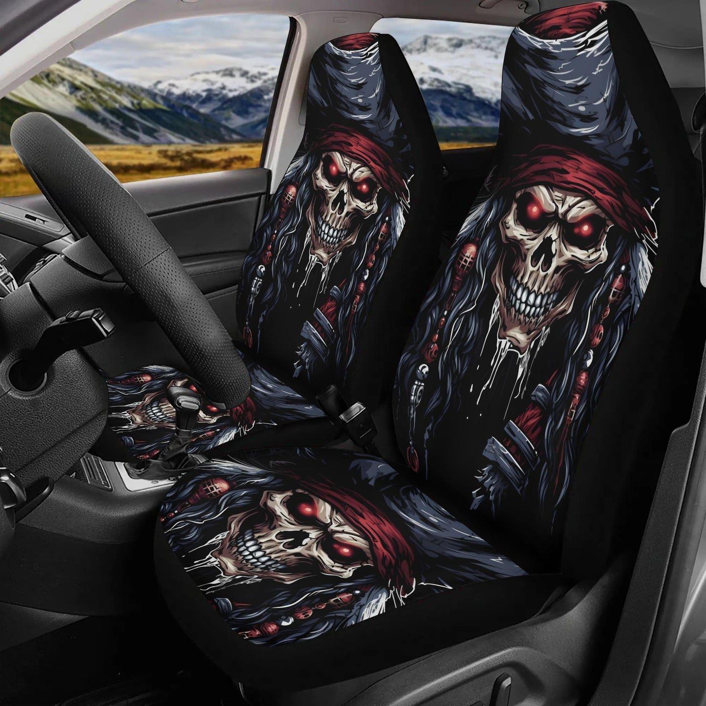 Gothic Halloween car cushion covers, skeleton skull car headrest covers, biker skull seat cover for vehicles, devil ghost truck seat covers