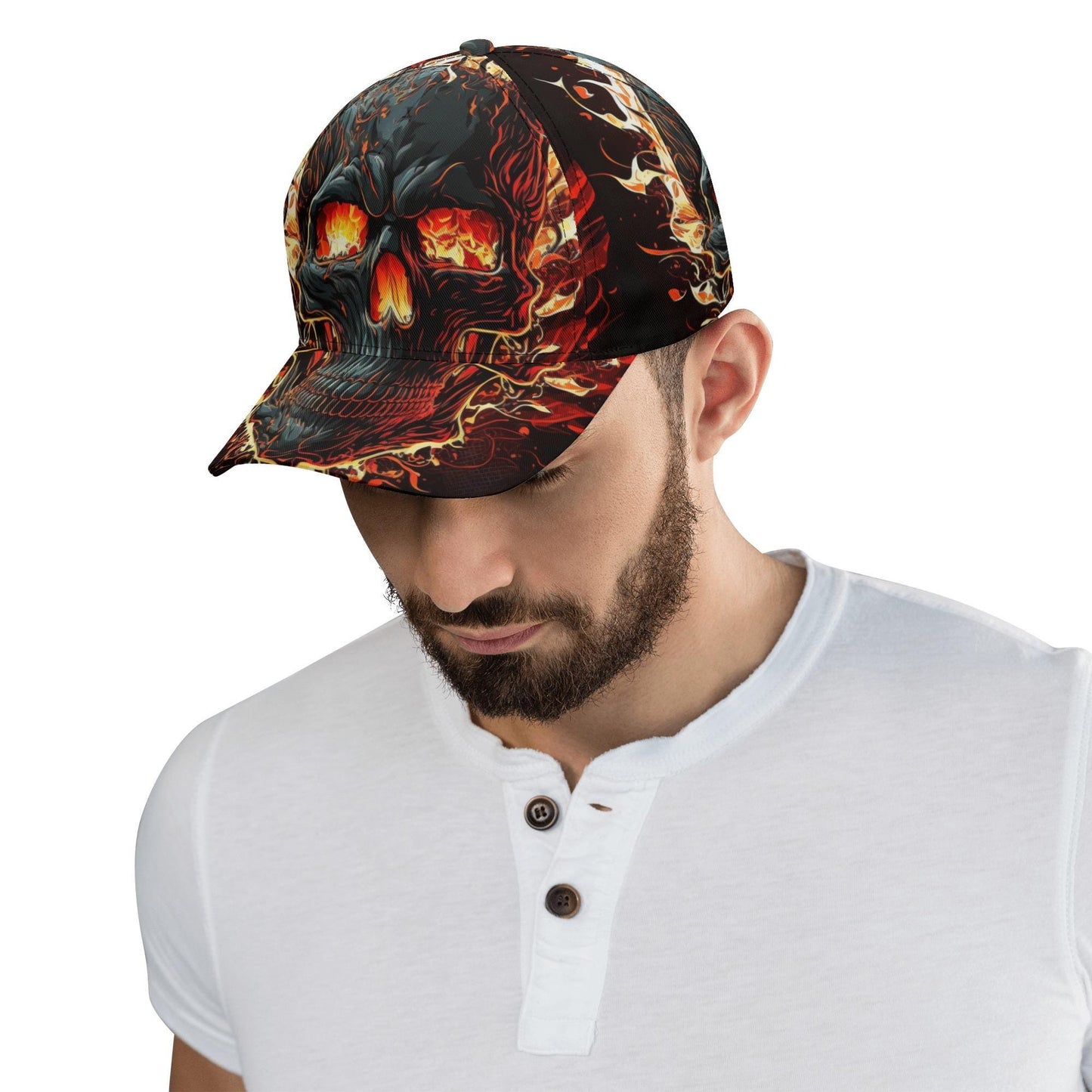 Gothic skull baseball cap, floral skull adjustable hat, biker skull hat for men, skull beanie, goth beanie, halloween skeleton flame skull