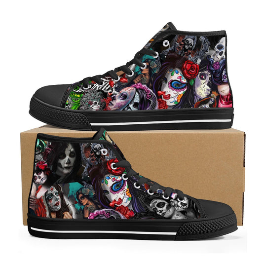 Sugar skull shoes, day of the dead hight top sneakers, dia de los muertos skull sneakers gift, day of the dead high top shoes
