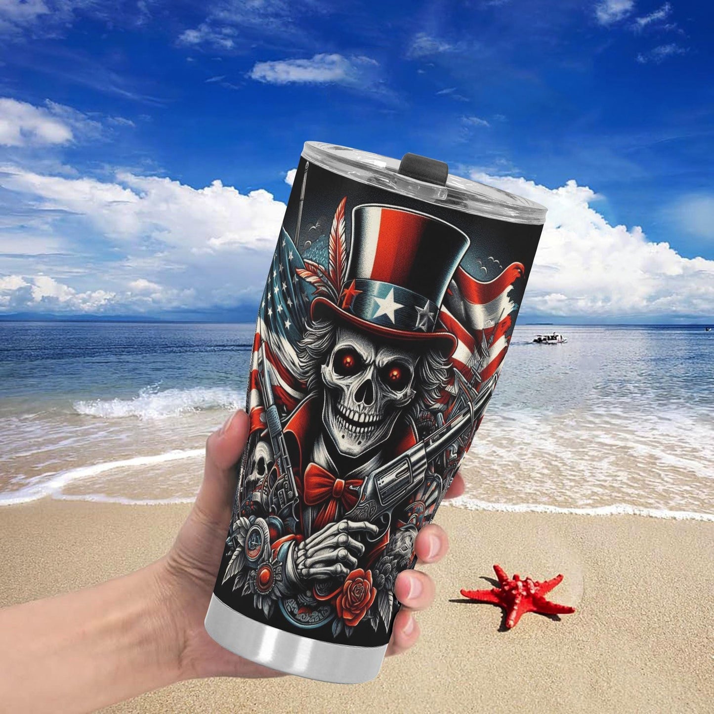 Patriotic Skull Tumbler 20/30oz Stainless Steel Uncle Sam Skeleton Cup with Lid, American Flag Design, Perfect for Patriotic Bikers Veterans