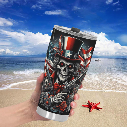 Patriotic Skull Tumbler 20/30oz Stainless Steel Uncle Sam Skeleton Cup with Lid, American Flag Design, Perfect for Patriotic Bikers Veterans
