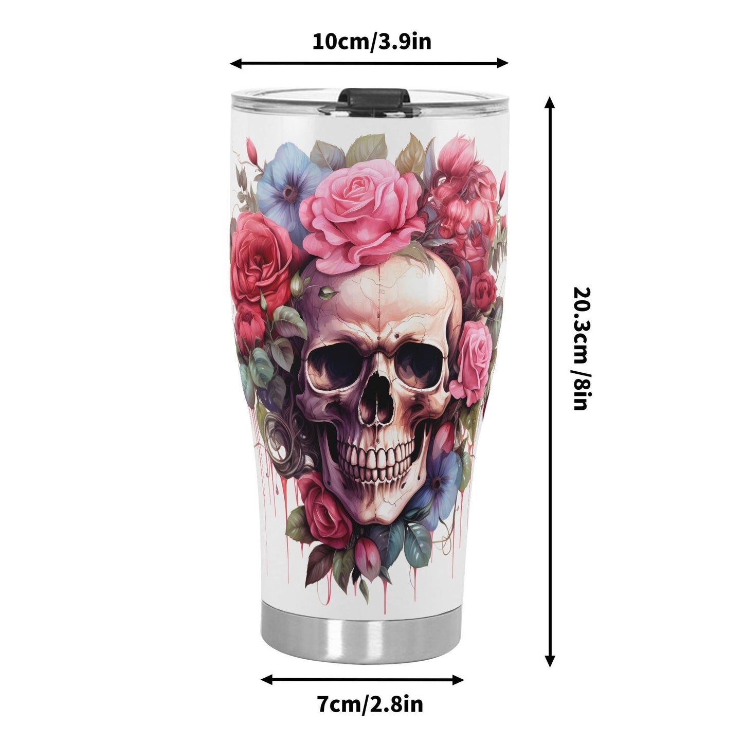 Floral Skull Tumbler 20/30oz Stainless Steel Cup with Vibrant Rose & Flower Design, Spill-Proof Lid, Perfect Gift for Goth Lovers