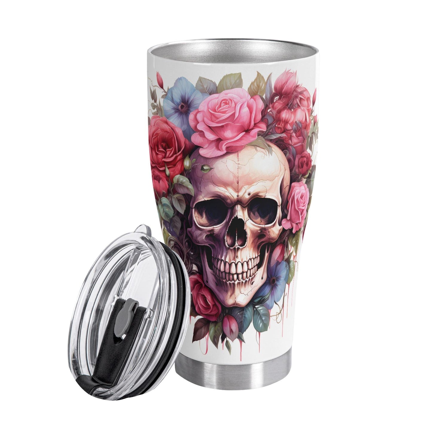 Floral Skull Tumbler 20/30oz Stainless Steel Cup with Vibrant Rose & Flower Design, Spill-Proof Lid, Perfect Gift for Goth Lovers