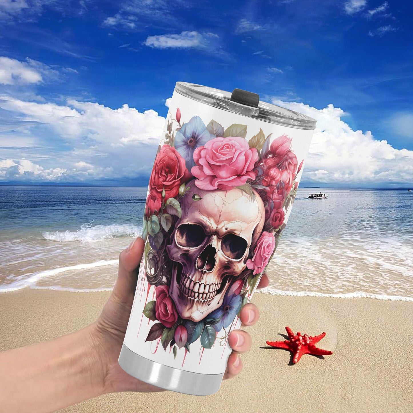 Floral Skull Tumbler 20/30oz Stainless Steel Cup with Vibrant Rose & Flower Design, Spill-Proof Lid, Perfect Gift for Goth Lovers