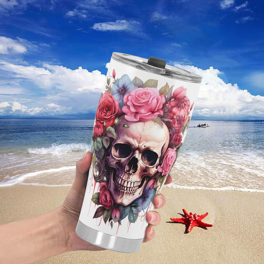 Floral Skull Tumbler 20/30oz Stainless Steel Cup with Vibrant Rose & Flower Design, Spill-Proof Lid, Perfect Gift for Goth Lovers