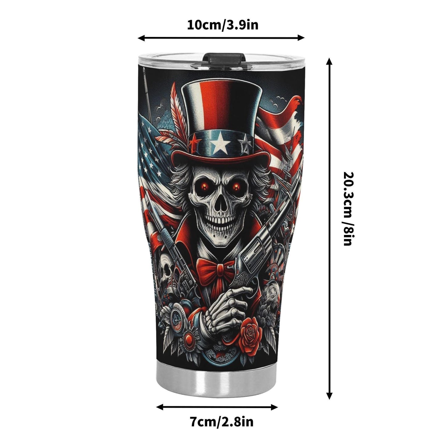 Patriotic Skull Tumbler 20/30oz Stainless Steel Uncle Sam Skeleton Cup with Lid, American Flag Design, Perfect for Patriotic Bikers Veterans