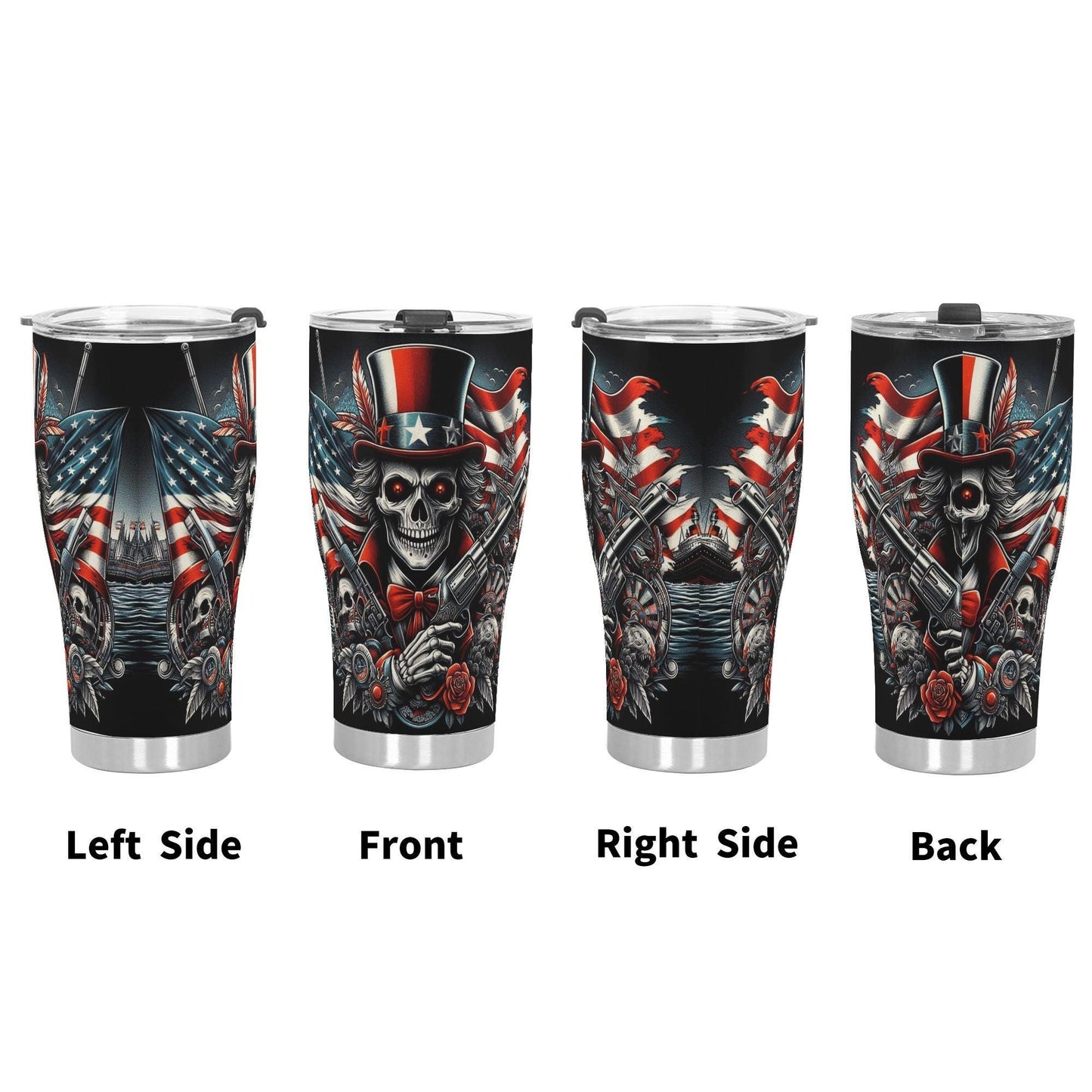 Patriotic Skull Tumbler 20/30oz Stainless Steel Uncle Sam Skeleton Cup with Lid, American Flag Design, Perfect for Patriotic Bikers Veterans