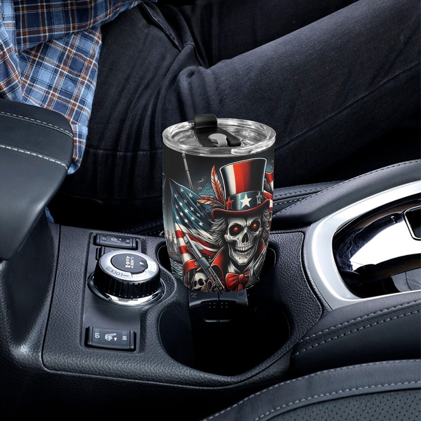 Patriotic Skull Tumbler 20/30oz Stainless Steel Uncle Sam Skeleton Cup with Lid, American Flag Design, Perfect for Patriotic Bikers Veterans