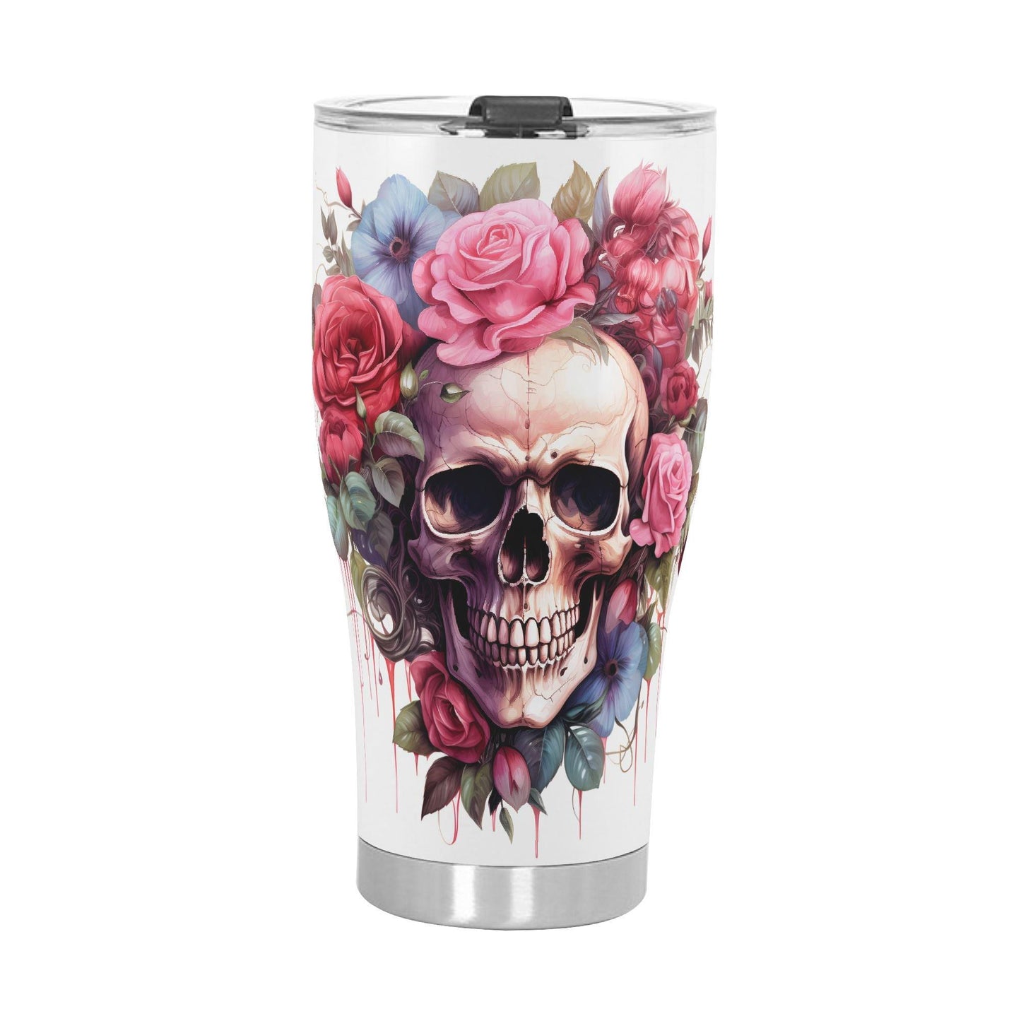 Floral Skull Tumbler 20/30oz Stainless Steel Cup with Vibrant Rose & Flower Design, Spill-Proof Lid, Perfect Gift for Goth Lovers