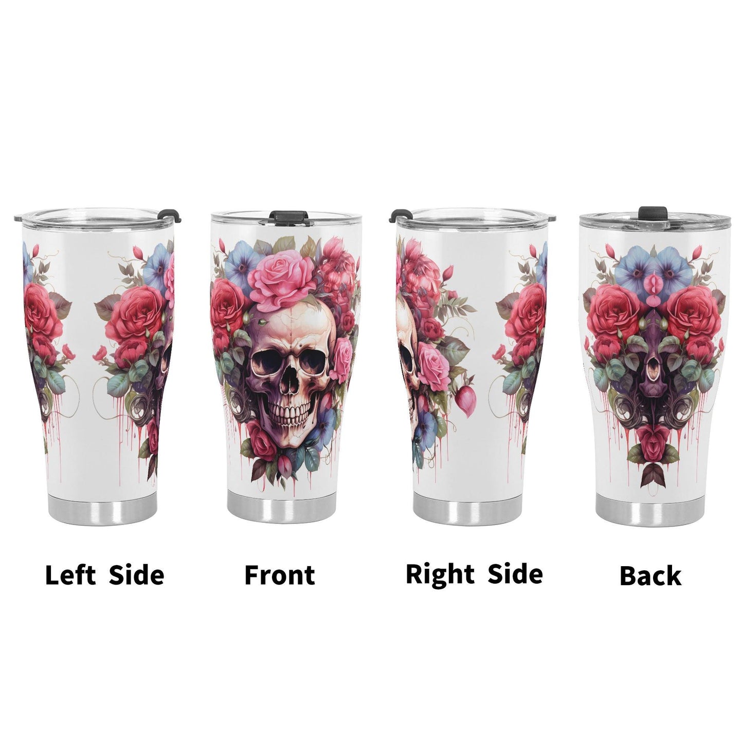 Floral Skull Tumbler 20/30oz Stainless Steel Cup with Vibrant Rose & Flower Design, Spill-Proof Lid, Perfect Gift for Goth Lovers