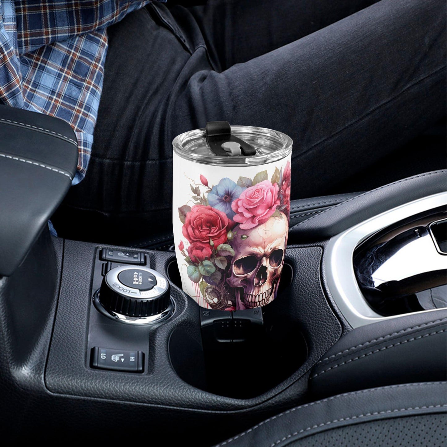 Floral Skull Tumbler 20/30oz Stainless Steel Cup with Vibrant Rose & Flower Design, Spill-Proof Lid, Perfect Gift for Goth Lovers
