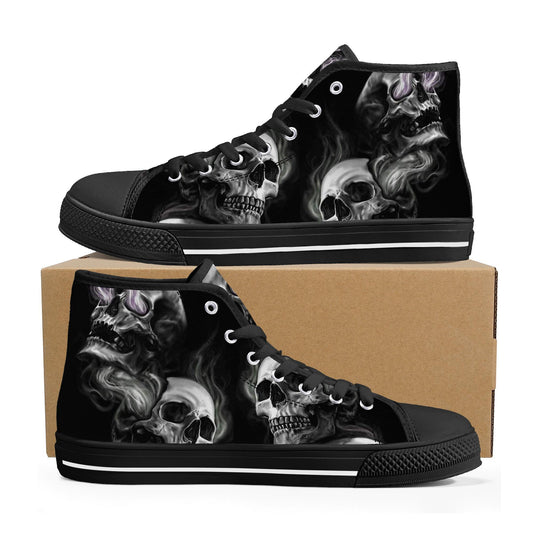 Skull High Top Shoes Black Canvas Sneakers with Smoky Skeleton Design Perfect for Goth Style, Streetwear and Halloween Unique Footwear Gift