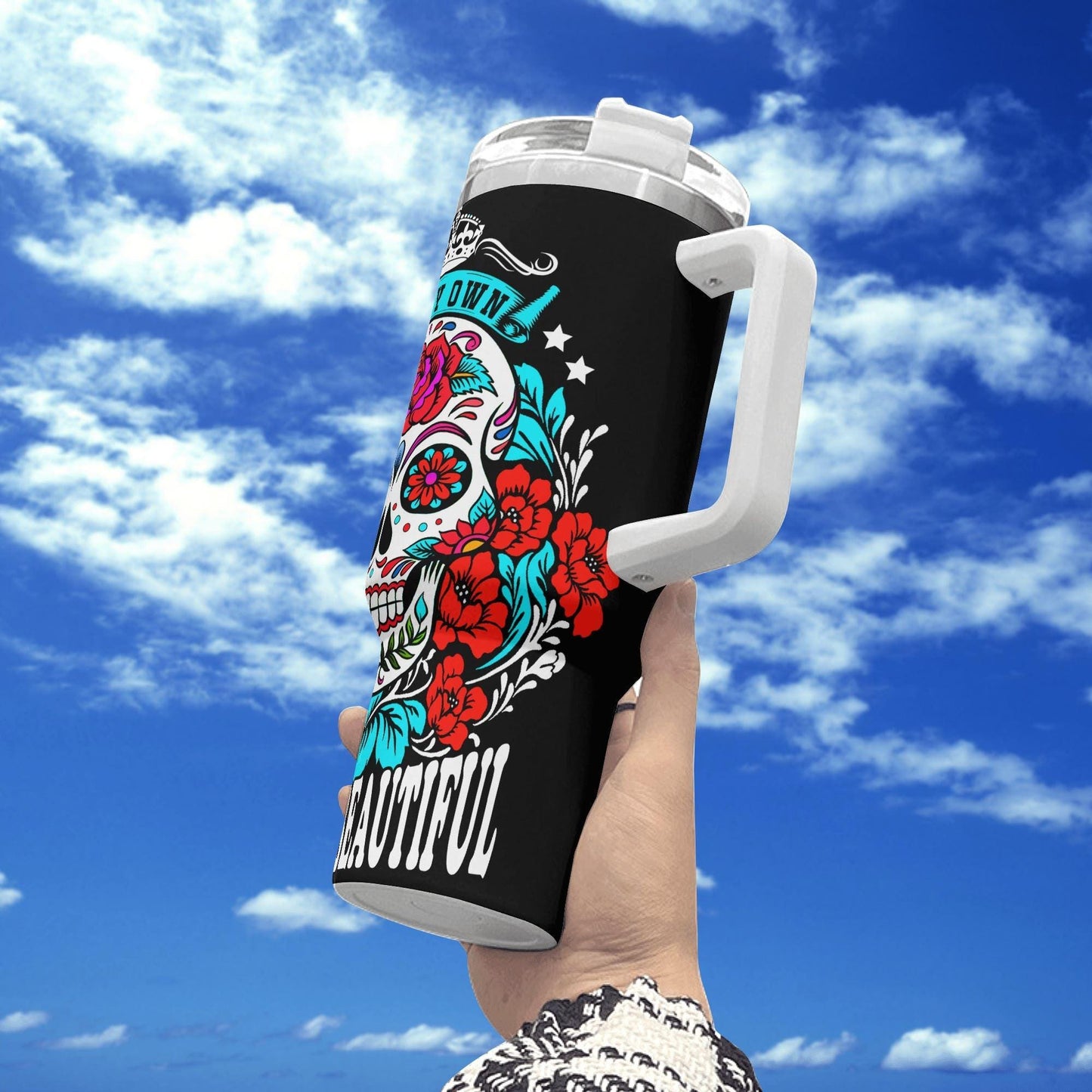 Sugar Skull Tumbler - I'm My Own Kind of Beautiful - Personalized Gift for Her, Day of the Dead Inspired, Colorful Floral Design Tumbler